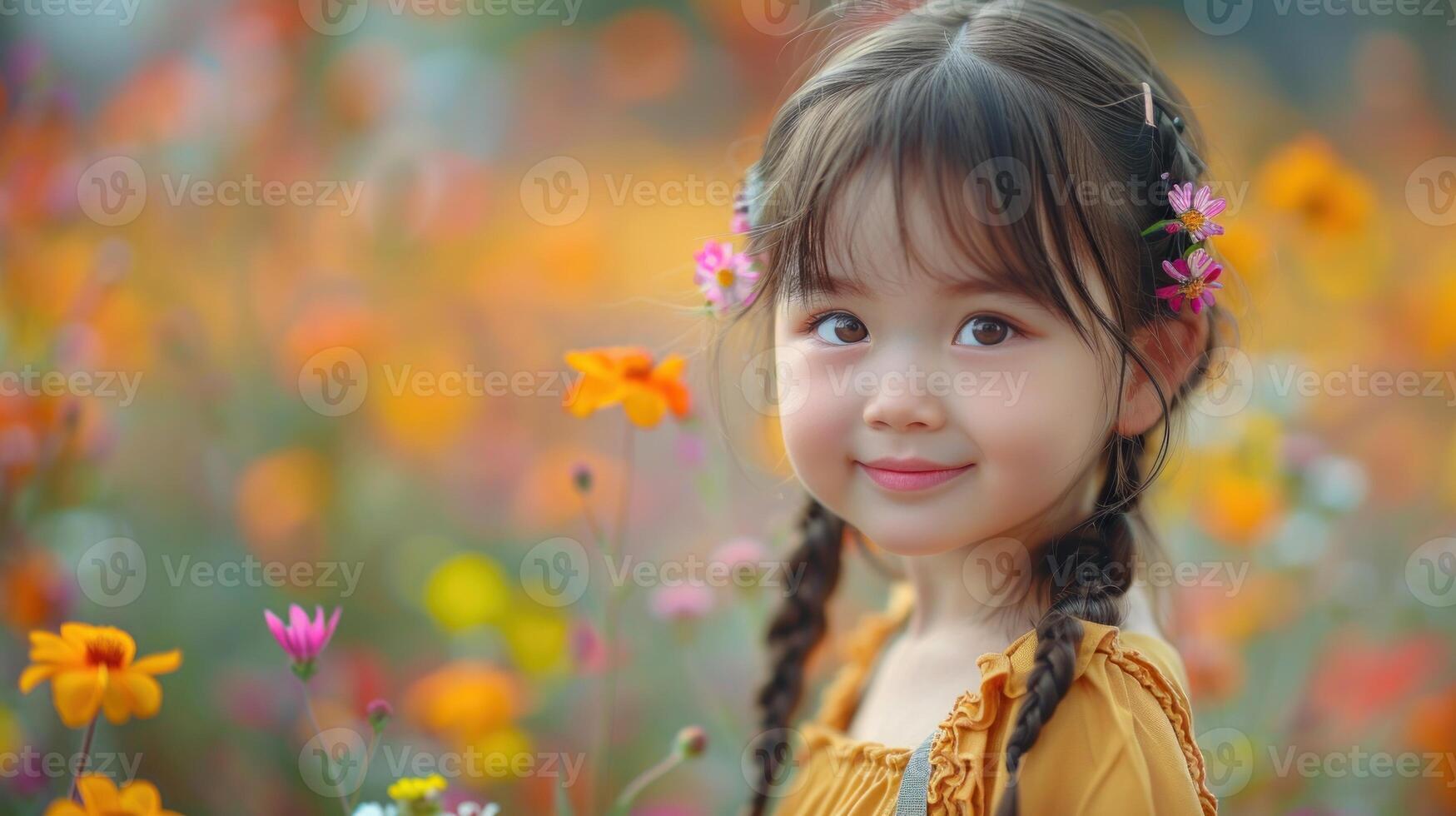 A young girl stands among blooming flowers in a vast field photo