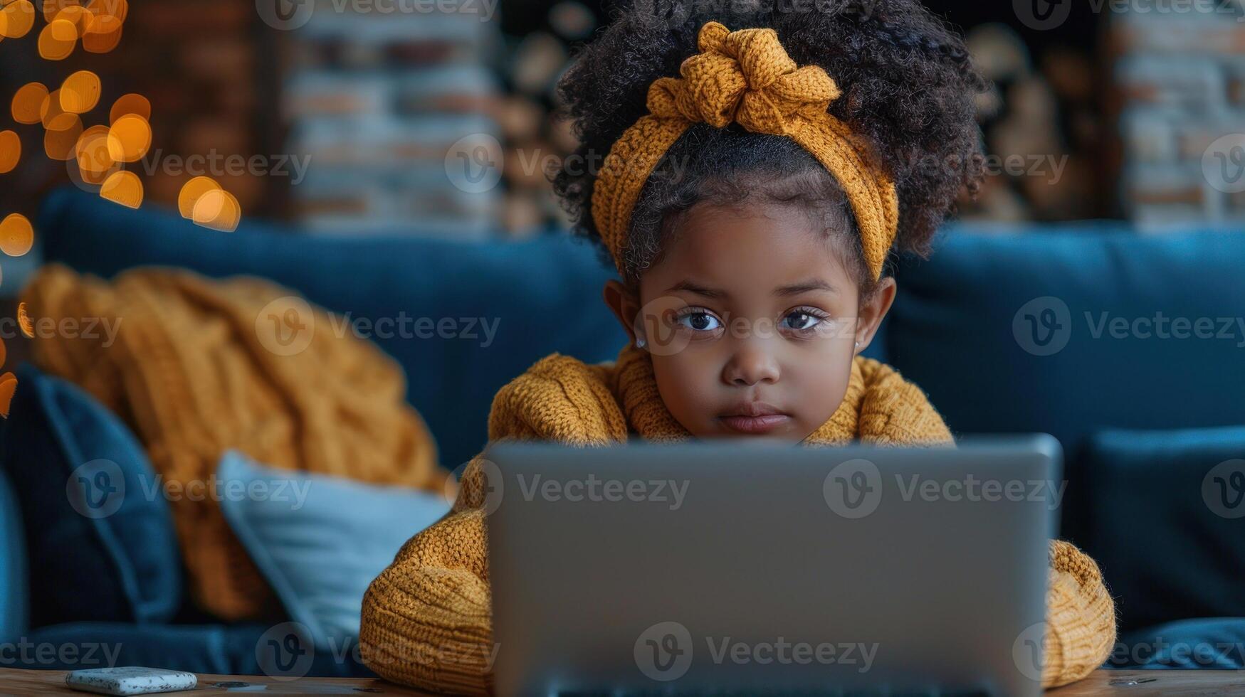 A young girl sitting in front of a laptop computer, engaged in online activities photo