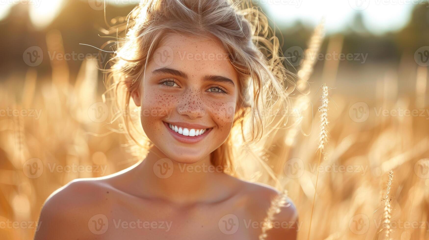 A beautiful woman stands in a field of tall grass, looking into the distance photo