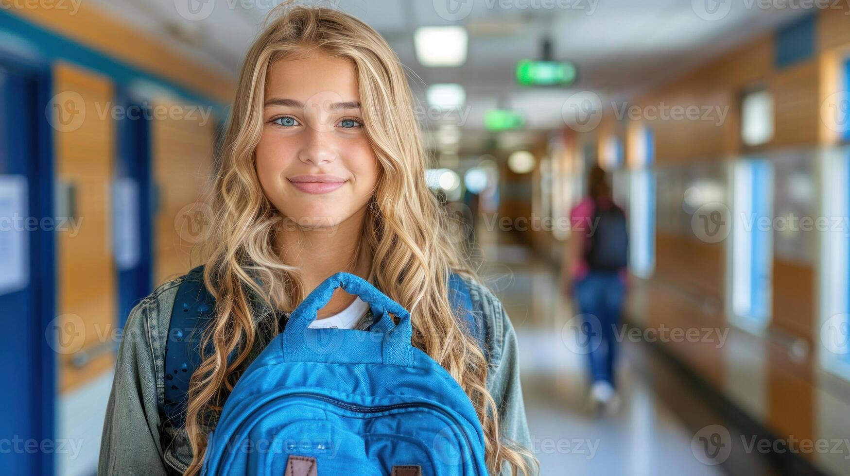 A young girl with a blue backpack walking through a hallway photo