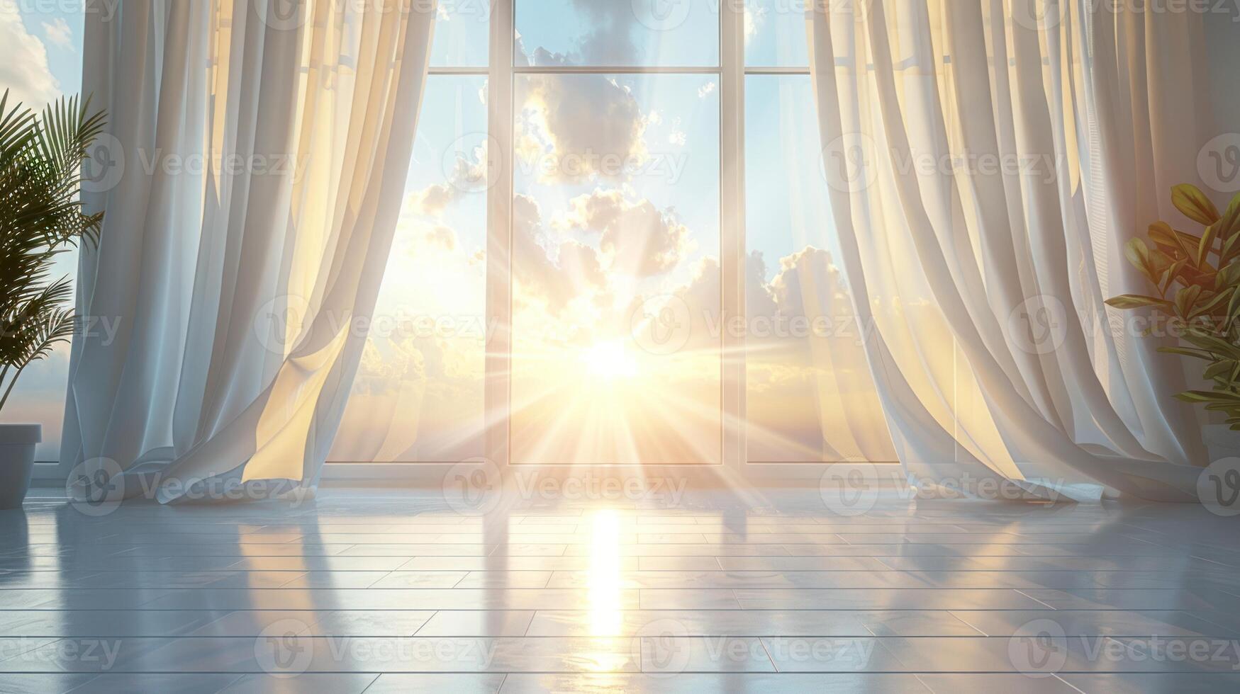 Sunlight shining through closed curtains in a room photo