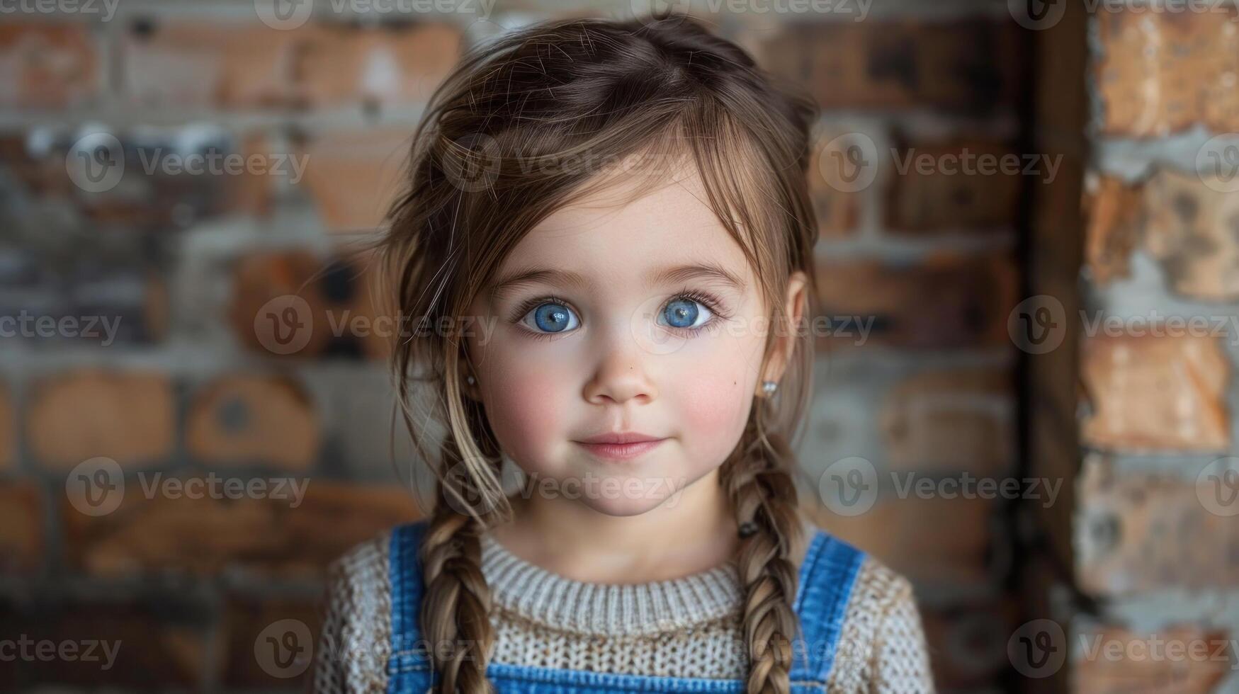 Young girl with braided hair standing by brick wall photo