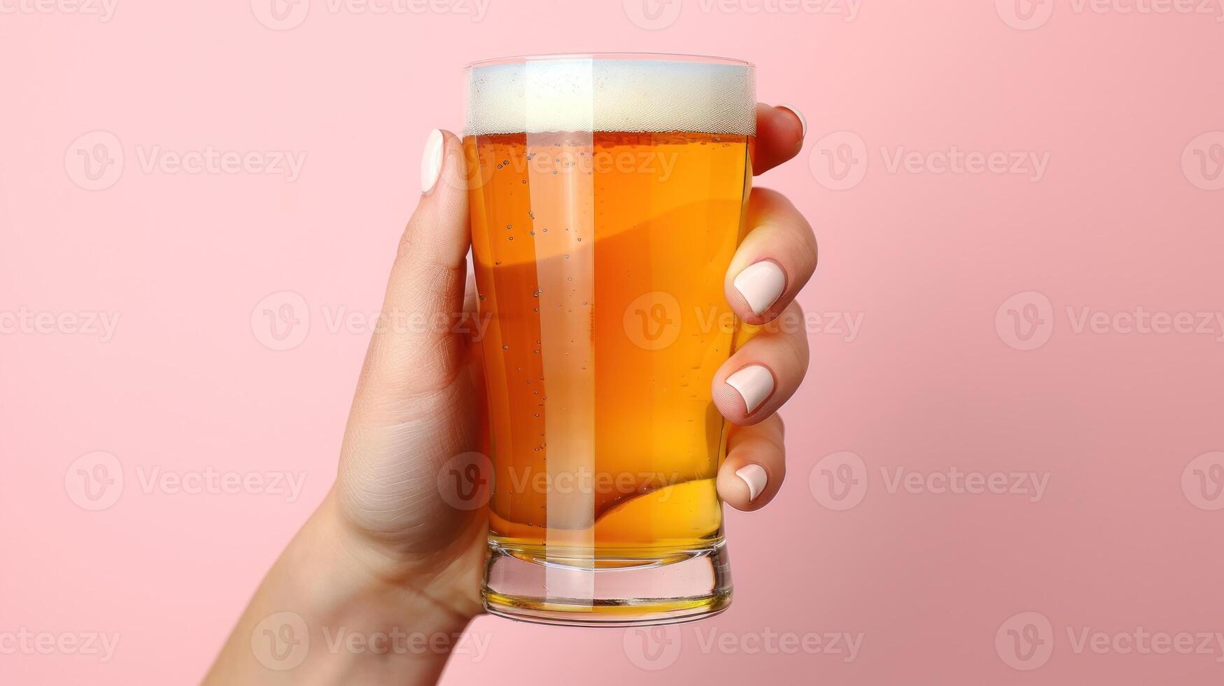 A woman holding a glass of beer against a pink backdrop photo