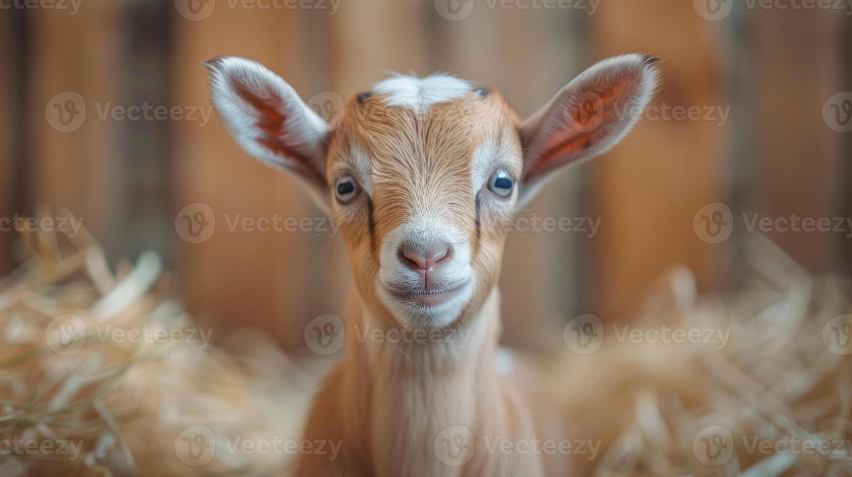 A young goat stands in a mound of dried grass in a barn photo