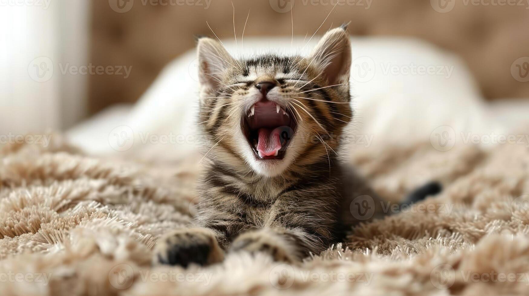 A cat lying on a bed, yawning while showing teeth photo