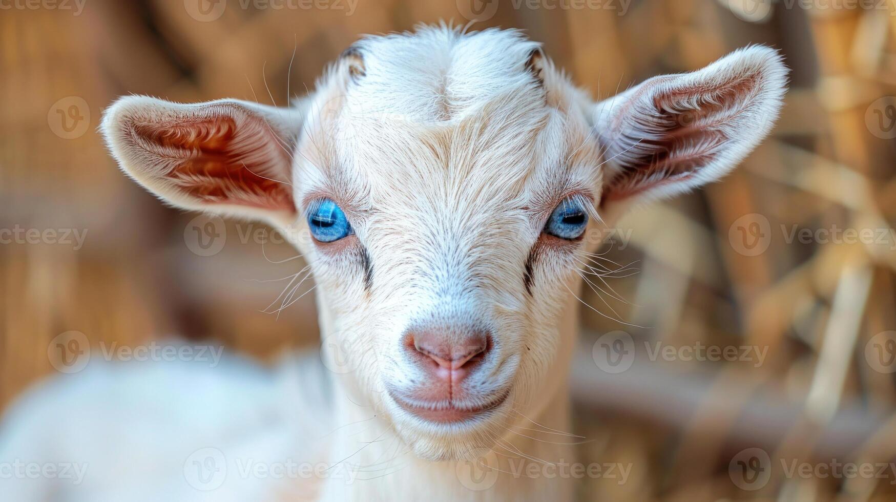A close-up view of a goat showing its striking blue eyes photo