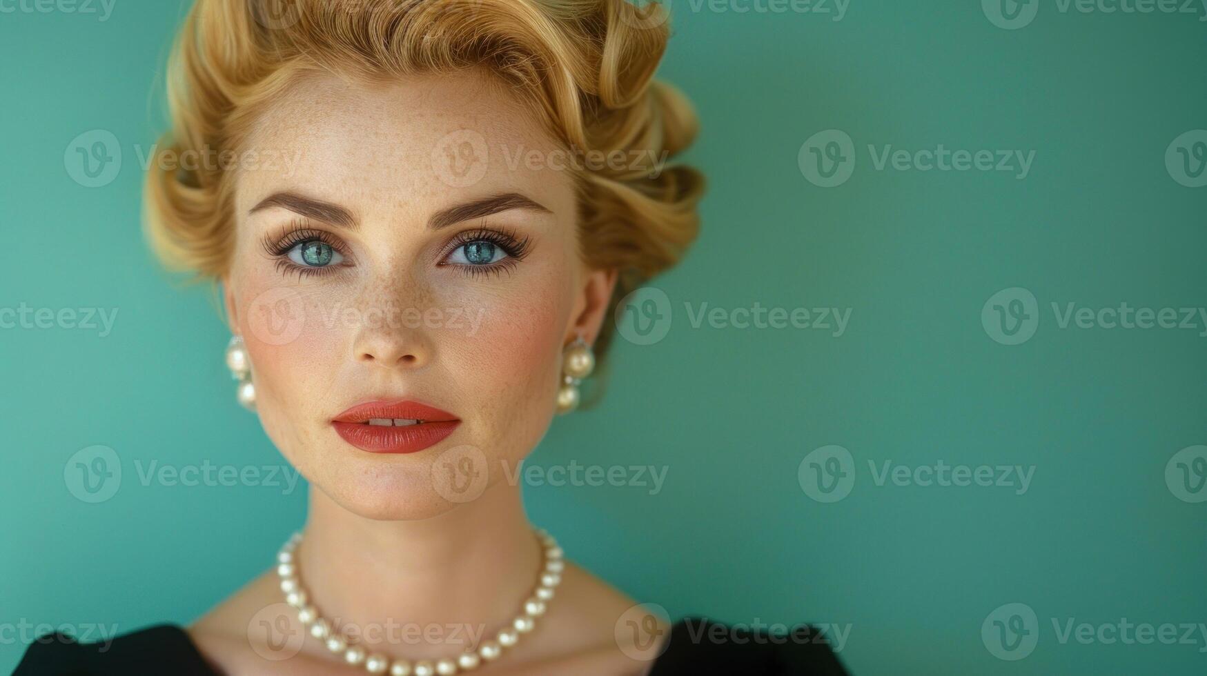 Close up of a woman showcasing a necklace and pearls photo