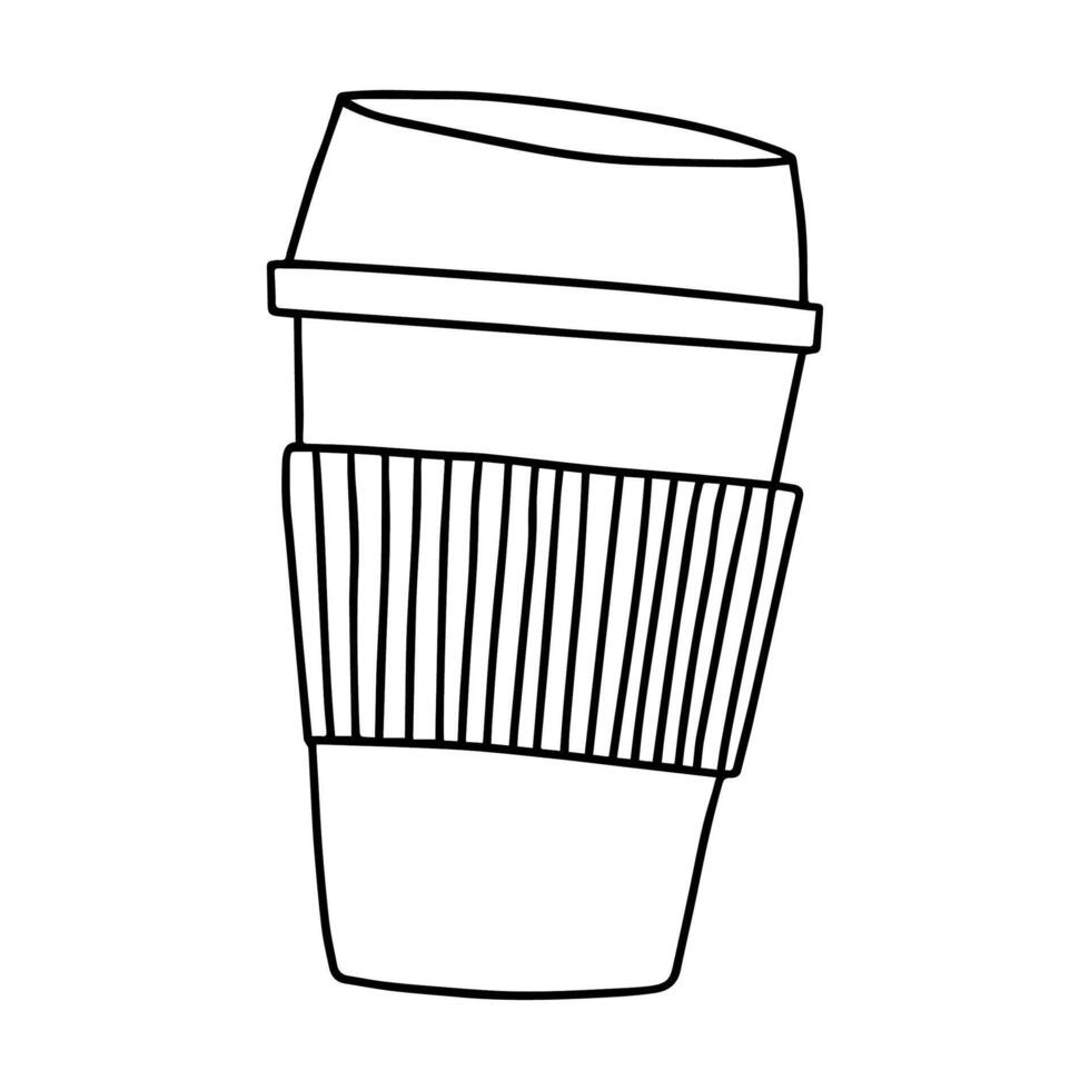 para llevar café taza con un tapa y papel manga garabatear contorno dibujo. sencillo negro línea. vector