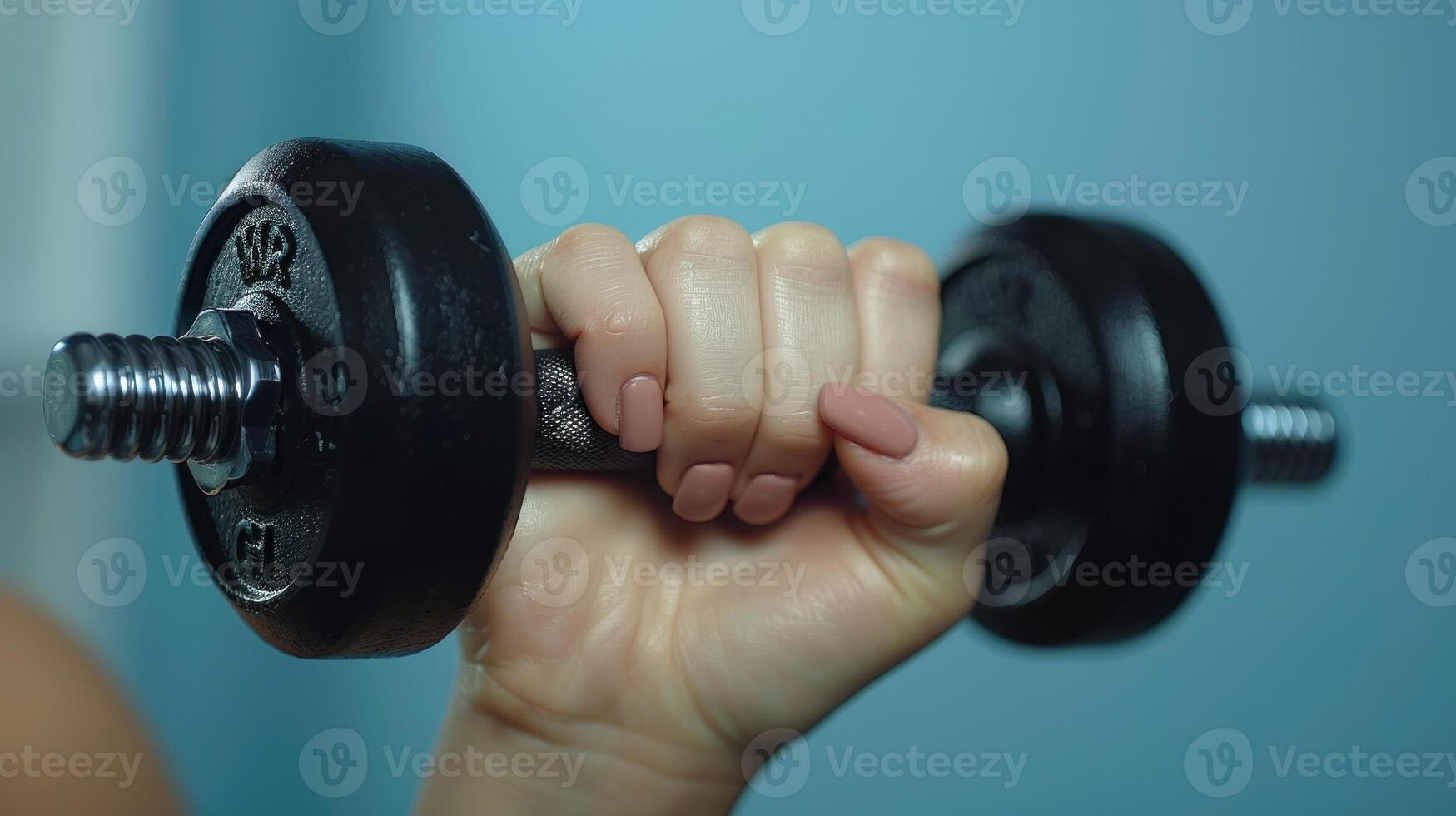 Hand gripping dumbbell in front of reflective mirror photo