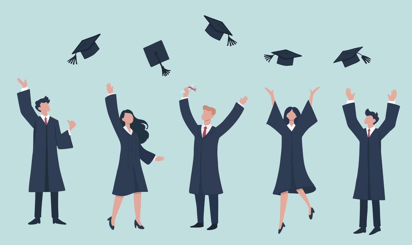 Happy group of graduate students in traditional cap and gown attire toss their caps into the air vector