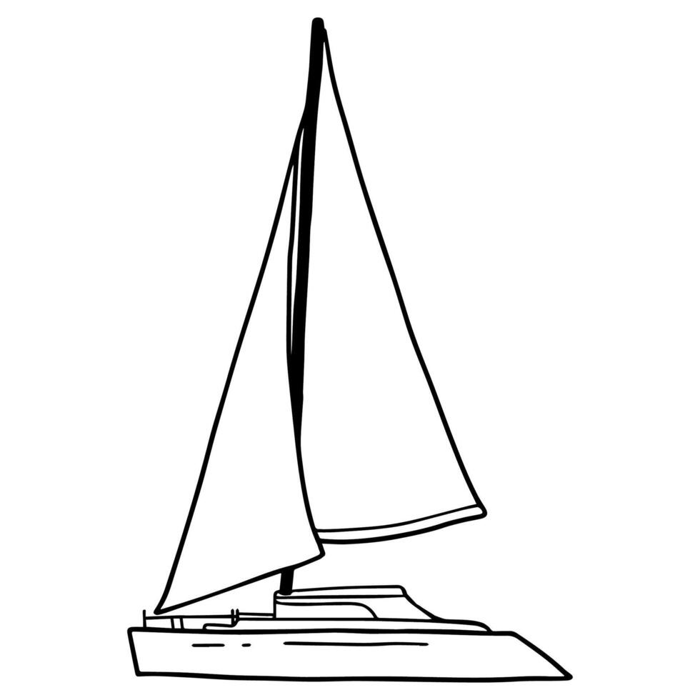 sailboat has a tall mast with billowing sails doodle outline drawing. simple Black line. vector