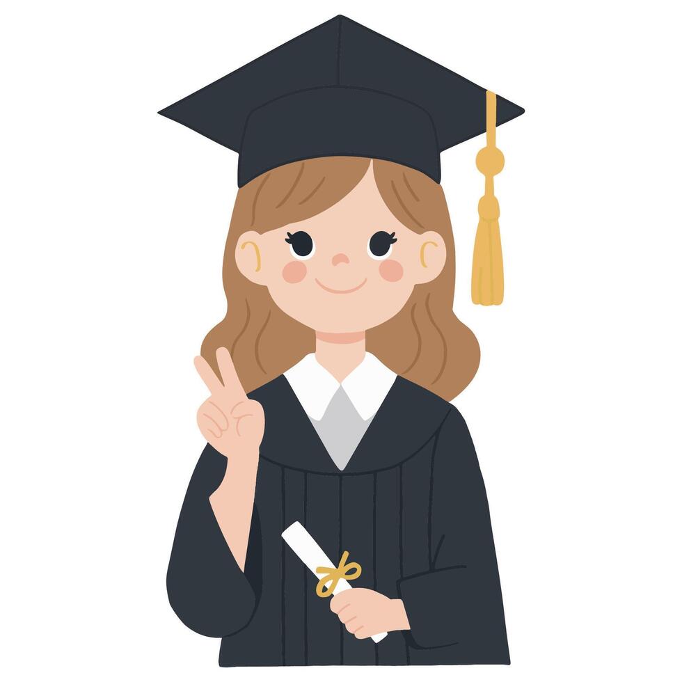 un alegre graduado en gorra y vestido, agarrando un diploma. brillante, celebración ilustración. vector