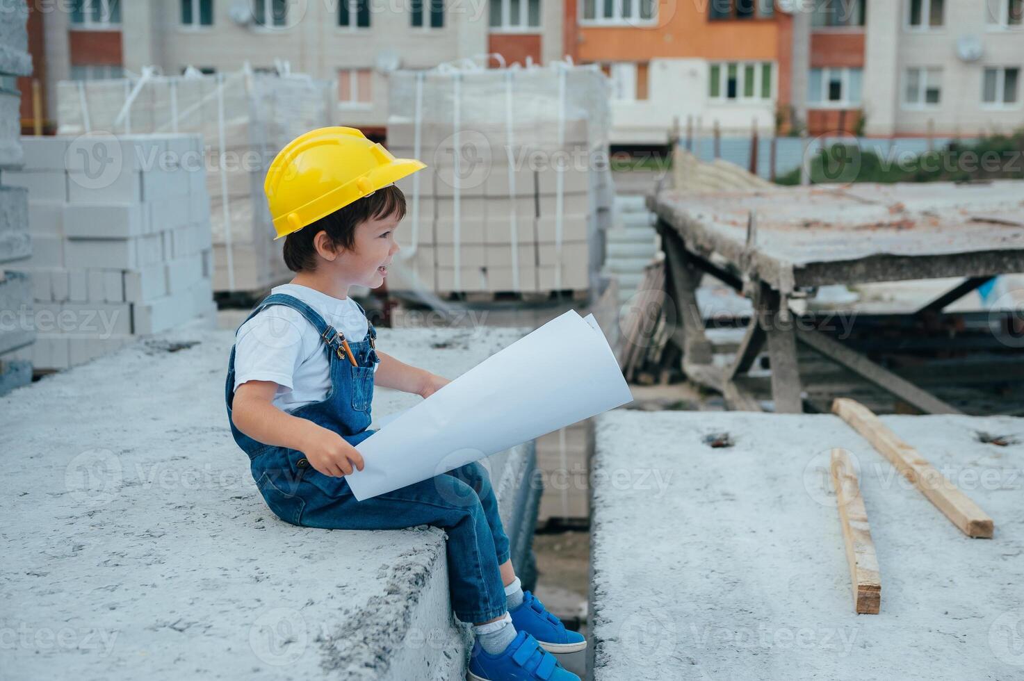 arquitecto en casco escritura alguna cosa cerca nuevo edificio. pequeño linda chico en el edificio como un arquitecto foto