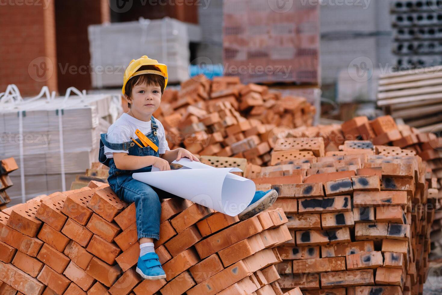 Architect in helmet writing something near new building. little cute boy on the building as an architect photo