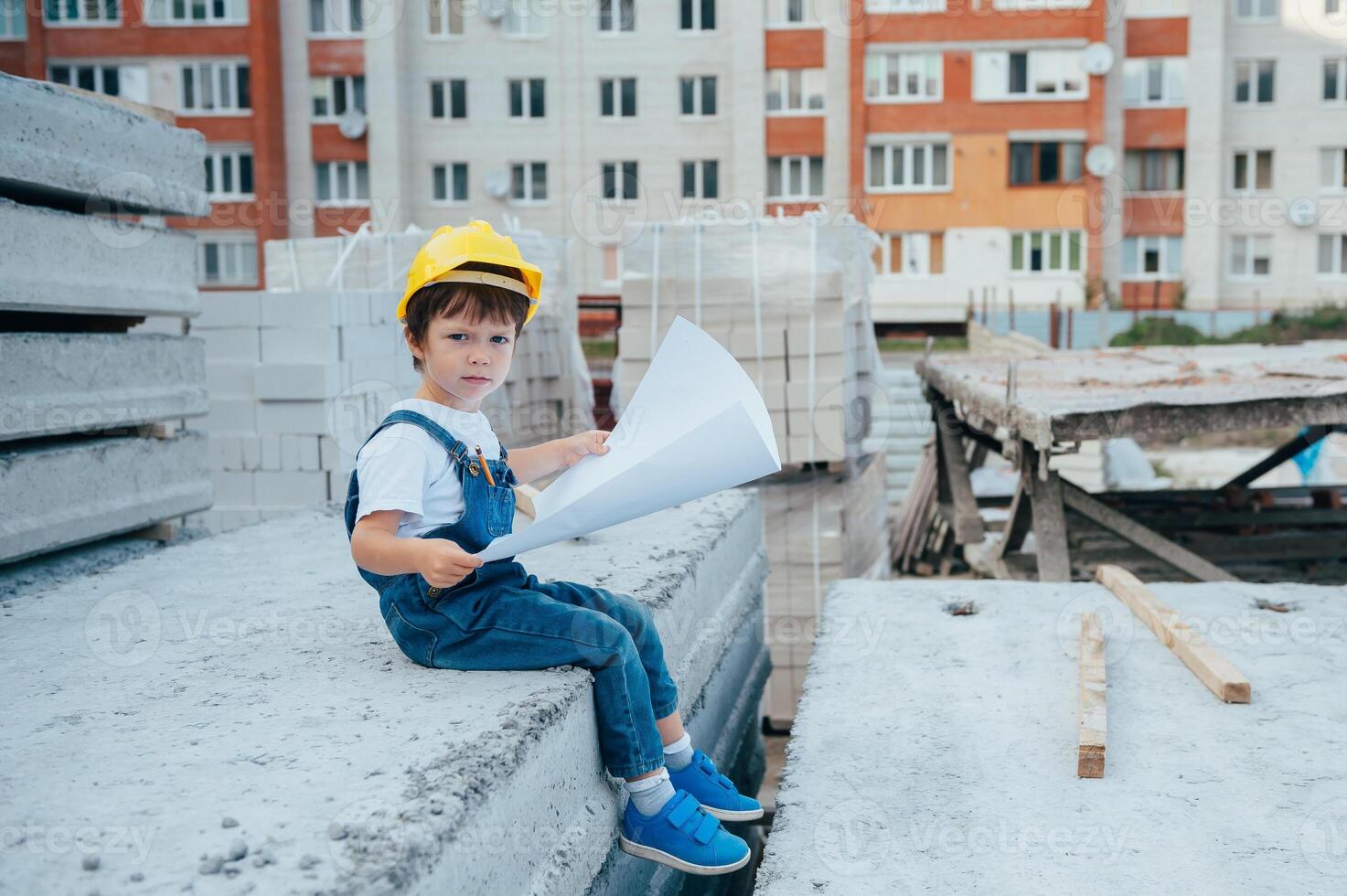 arquitecto en casco escritura alguna cosa cerca nuevo edificio. pequeño linda chico en el edificio como un arquitecto foto