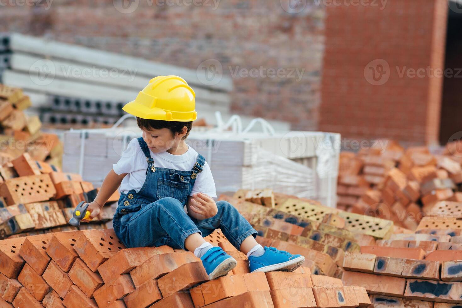 Architect in helmet writing something near new building. little cute boy on the building as an architect photo