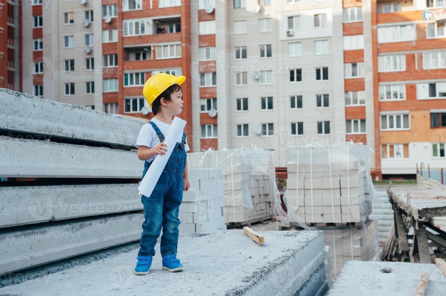 Architect in helmet writing something near new building. little cute boy on the building as an architect photo
