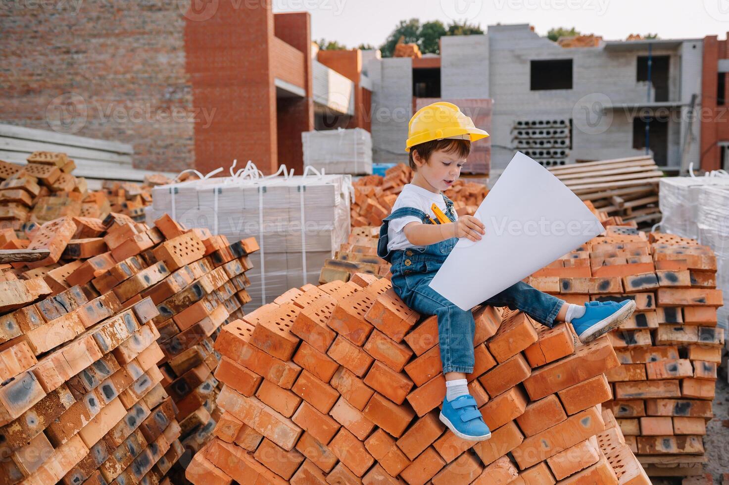 arquitecto en casco escritura alguna cosa cerca nuevo edificio. pequeño linda chico en el edificio como un arquitecto. foto