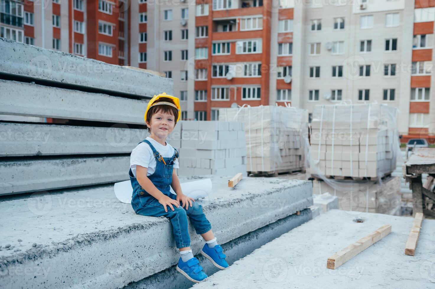 arquitecto en casco escritura alguna cosa cerca nuevo edificio. pequeño linda chico en el edificio como un arquitecto. foto