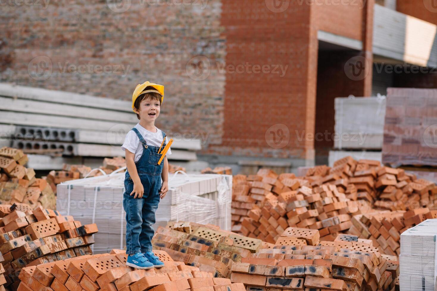 arquitecto en casco escritura alguna cosa cerca nuevo edificio. pequeño linda chico en el edificio como un arquitecto foto