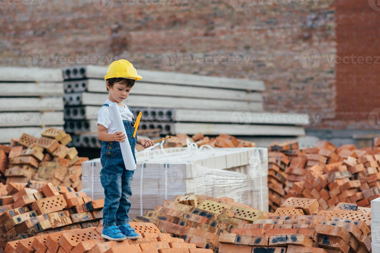 Architect in helmet writing something near new building. little cute boy on the building as an architect photo