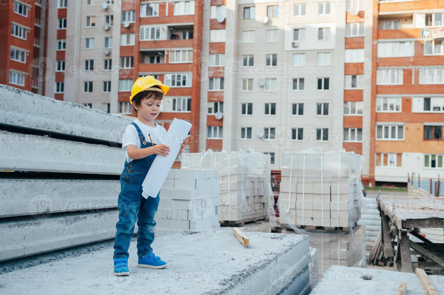 arquitecto en casco escritura alguna cosa cerca nuevo edificio. pequeño linda chico en el edificio como un arquitecto foto