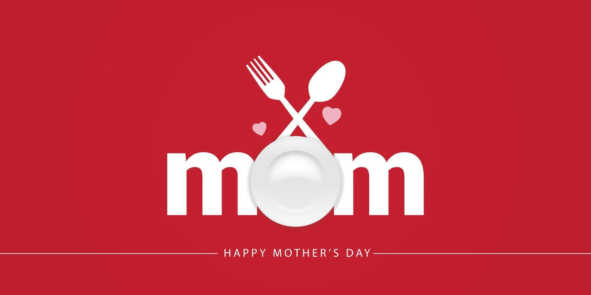 Mother's Day Creative Concept Idea Theme for Restaurant Food and Mom kitchen, MoM Logo with Plate Spoon and heart love, Happy Mother's Happy Earth, I love my mother kitchen and restaurant food chart vector
