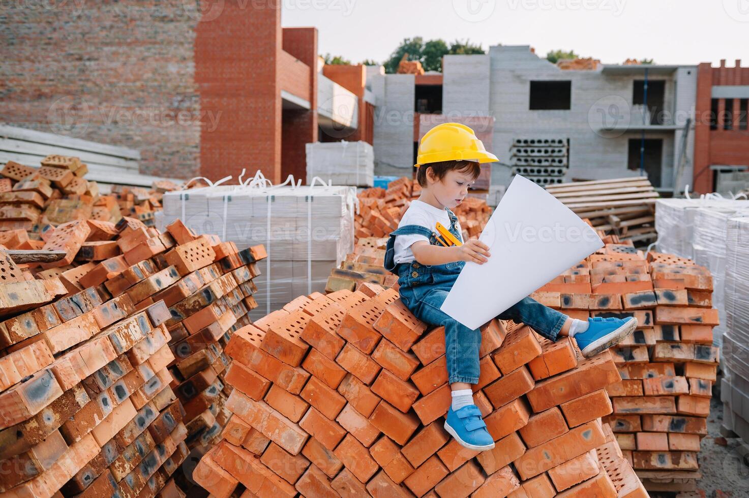 Architect in helmet writing something near new building. little cute boy on the building as an architect. photo