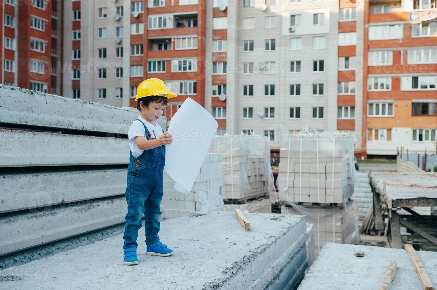 Architect in helmet writing something near new building. little cute boy on the building as an architect photo