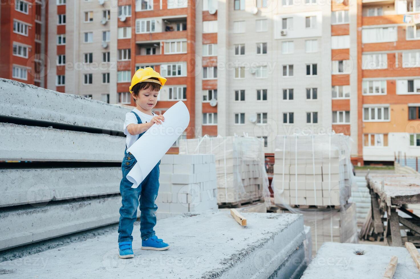 Architect in helmet writing something near new building. little cute boy on the building as an architect photo