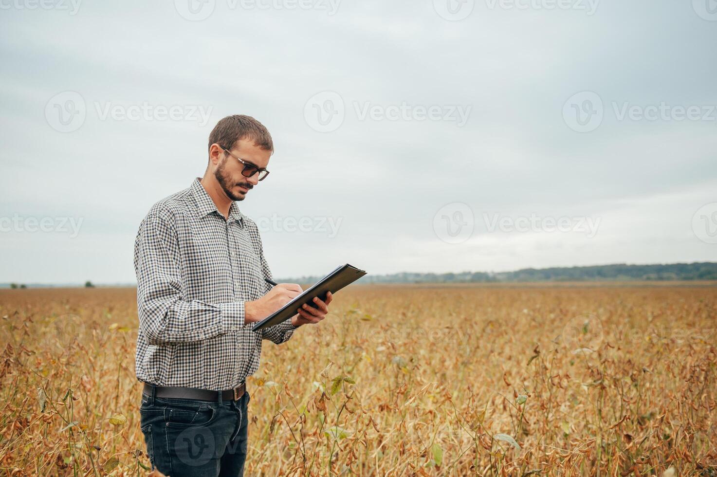 Agronomist holds tablet touch pad computer in the soy field and examining crops before harvesting. Agribusiness concept. agricultural engineer standing in a soy field with a tablet. photo