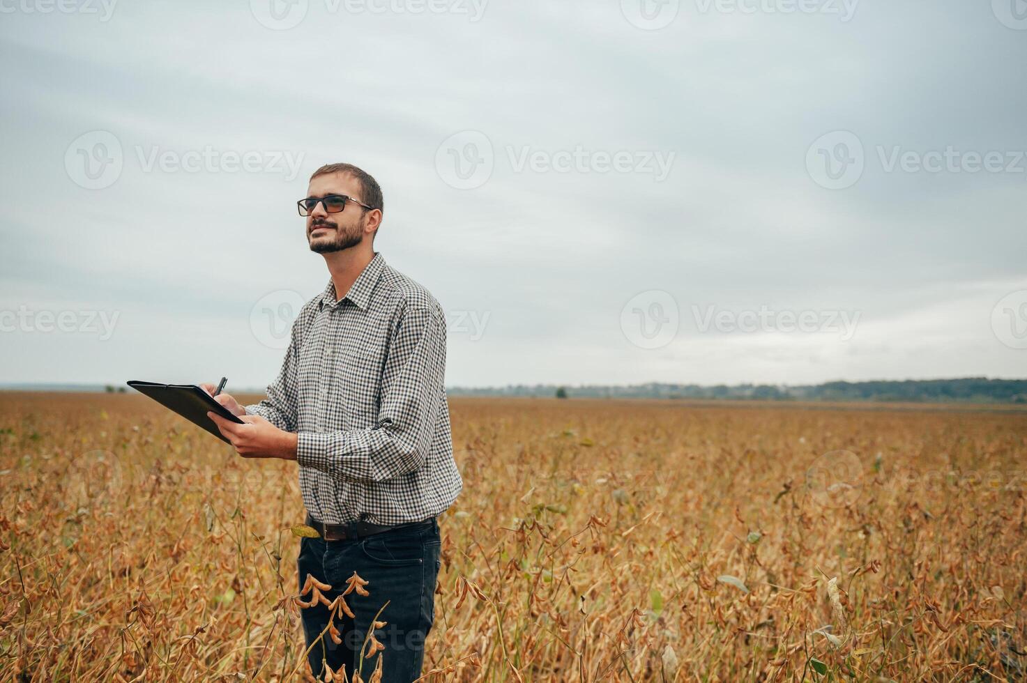 Agronomist holds tablet touch pad computer in the soy field and examining crops before harvesting. Agribusiness concept. agricultural engineer standing in a soy field with a tablet. photo