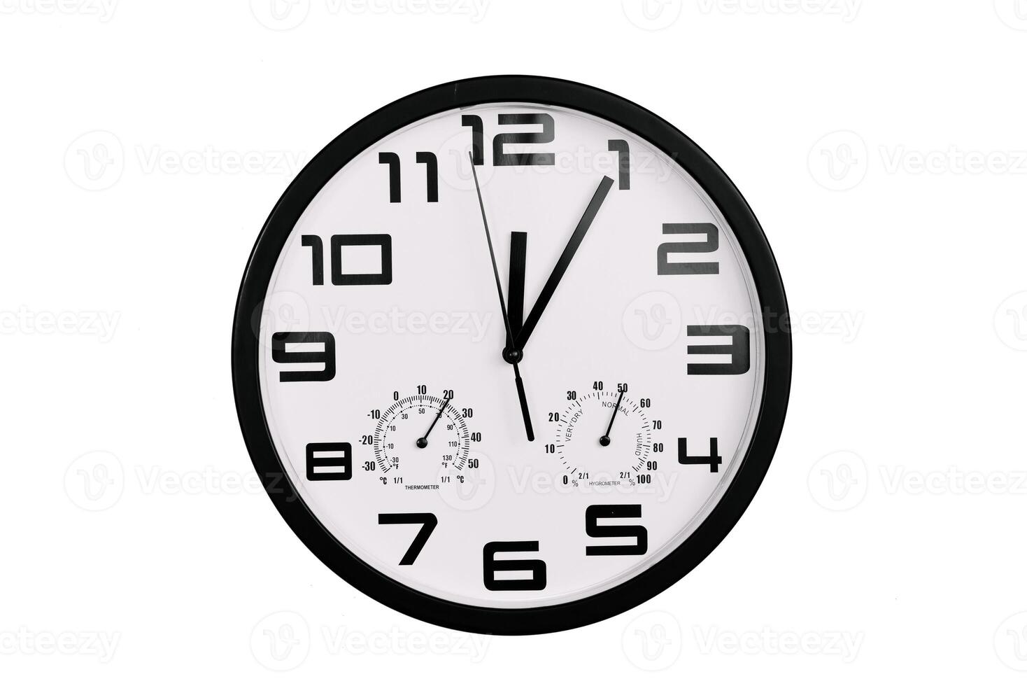 simple classic black and white round wall clock isolated on white. Clock with arabic numerals on wall shows photo