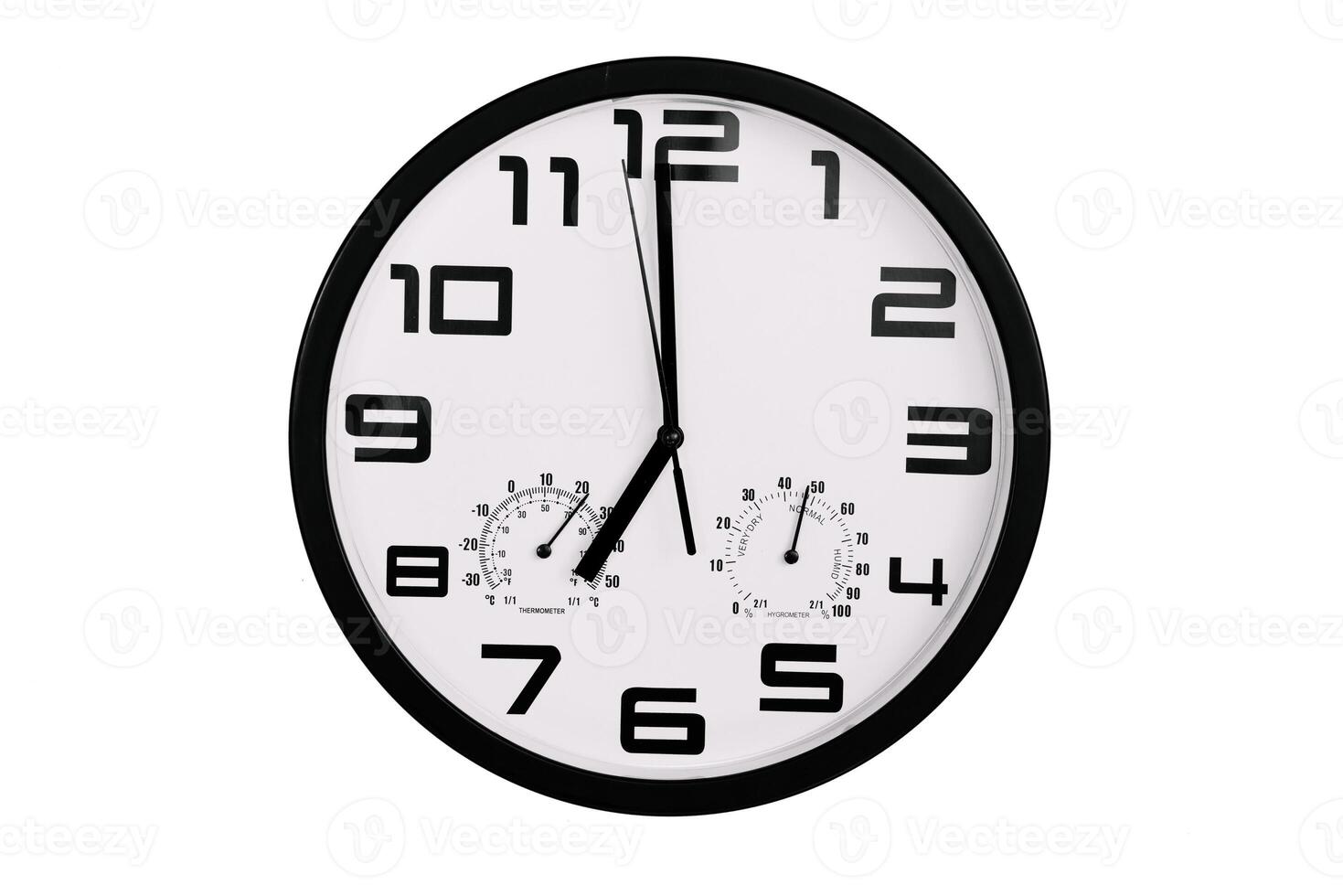 simple classic black and white round wall clock isolated on white. Clock with arabic numerals on wall shows photo