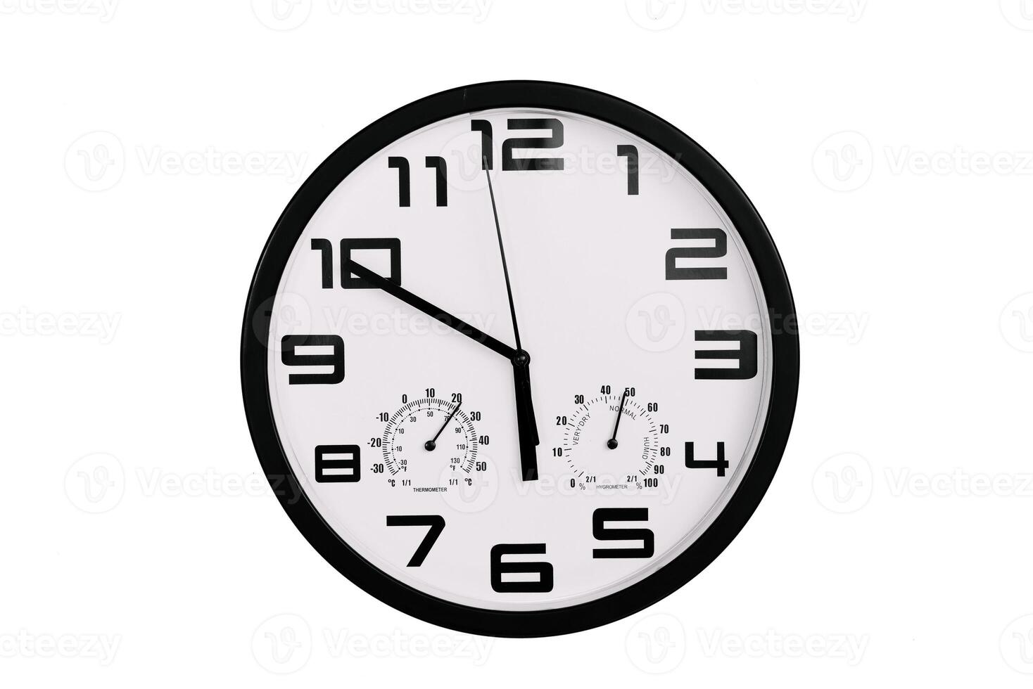 simple classic black and white round wall clock isolated on white. Clock with arabic numerals on wall shows photo