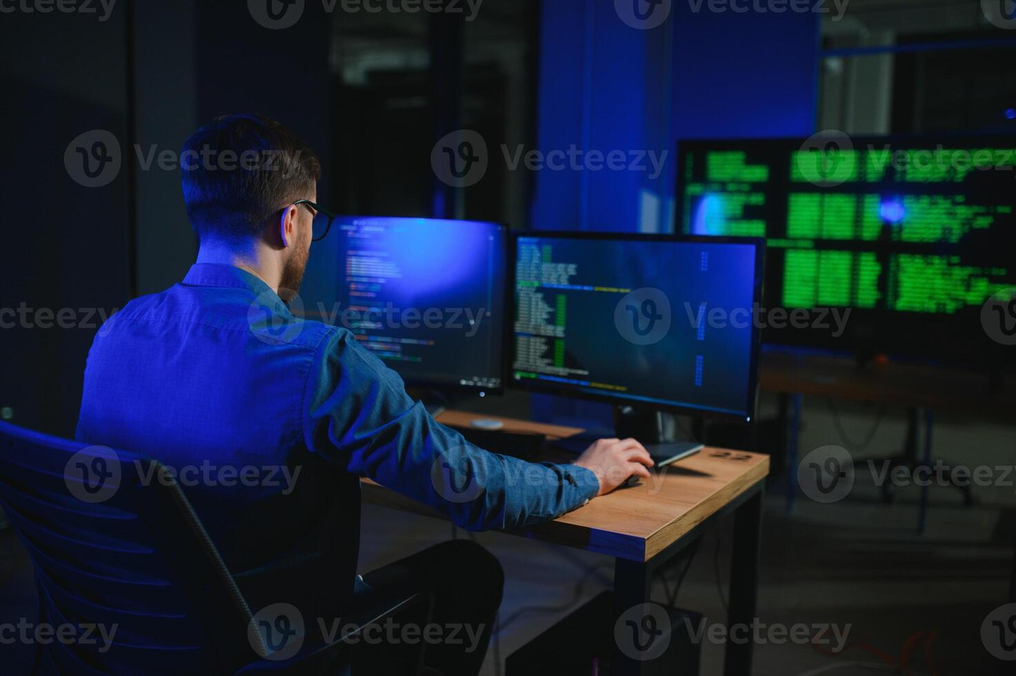 IT technician person with technology for typing code, future and data analytics photo