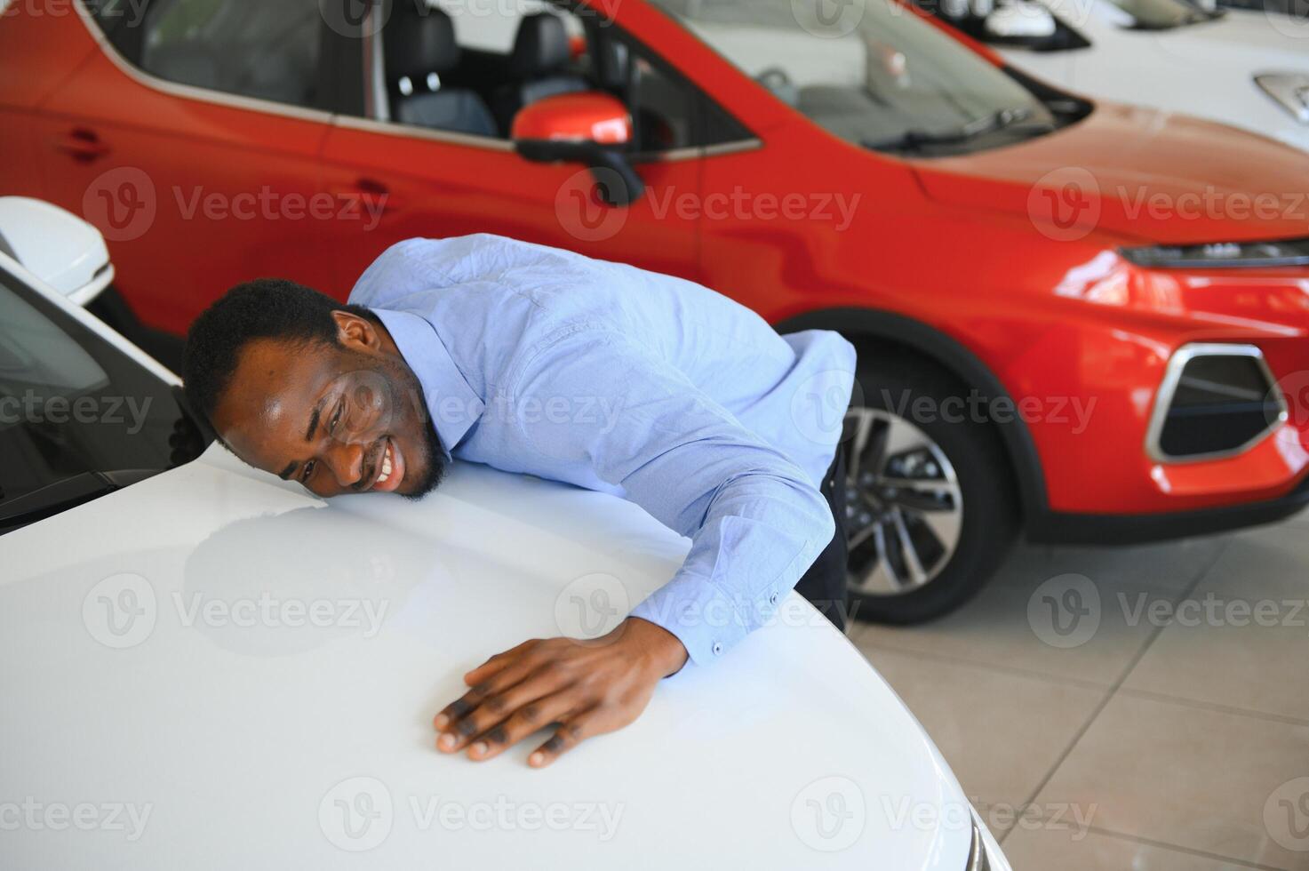 New Car Owner. Happy African American Man Touching Hugging His Brand-New Auto photo