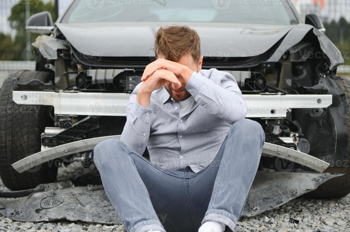 un frustrado hombre cerca un roto coche. agarrado mi cabeza dándose cuenta el dañar es grave, el coche es más allá reparar foto