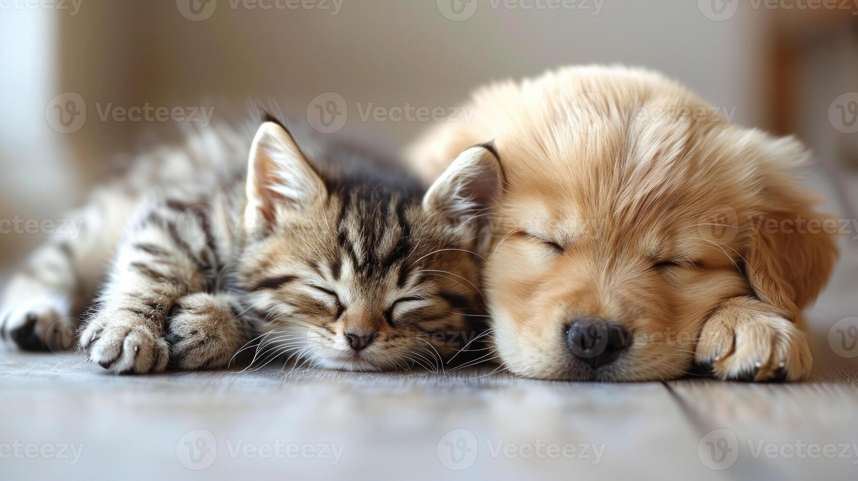 un perrito y un gatito son pacíficamente dormido lado por lado en el piso foto