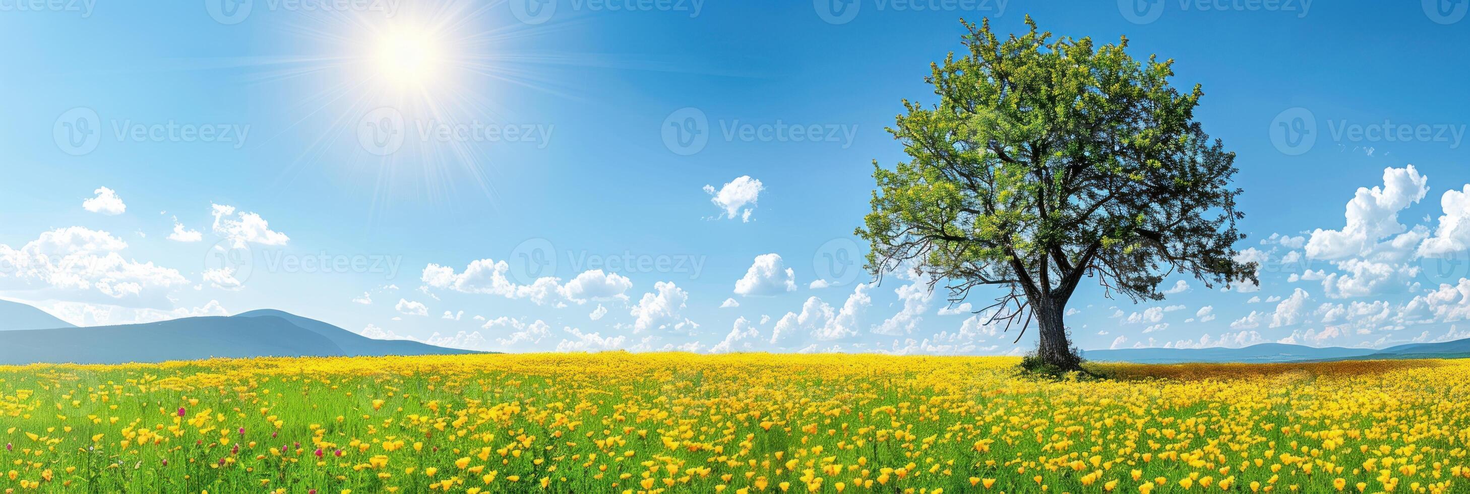 un soltero árbol soportes en medio de un mar de amarillo floraciones en un vibrante campo foto