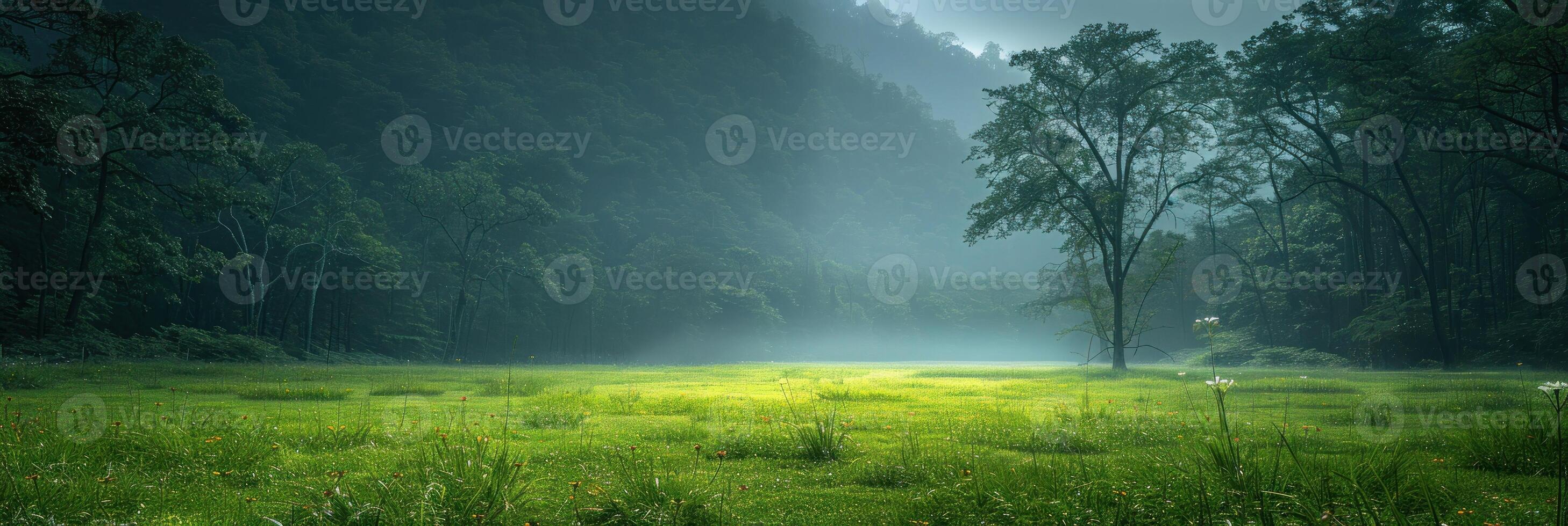 un herboso campo con arboles en el antecedentes debajo un claro cielo foto