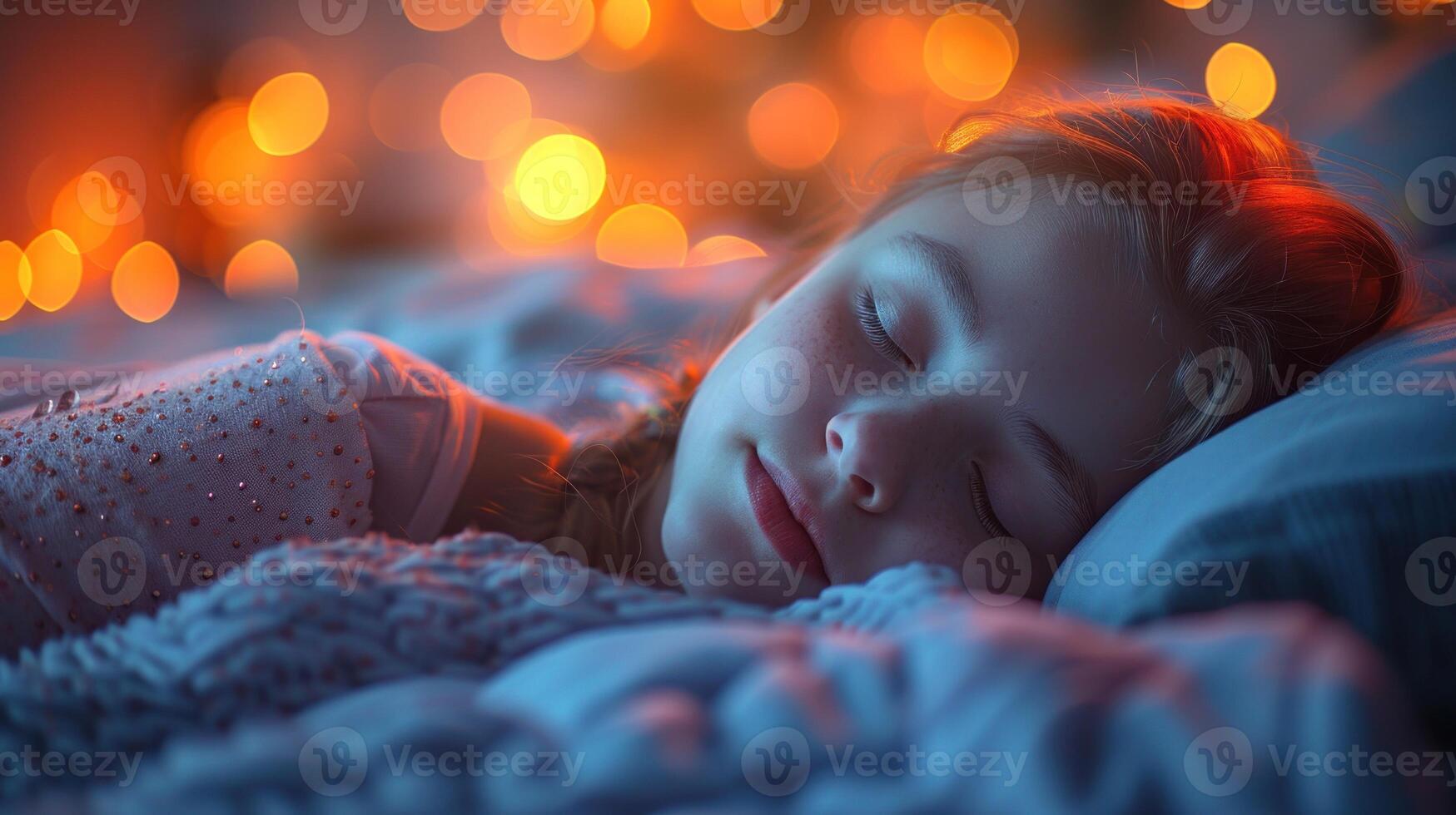 Young child resting in bed with closed eyes photo