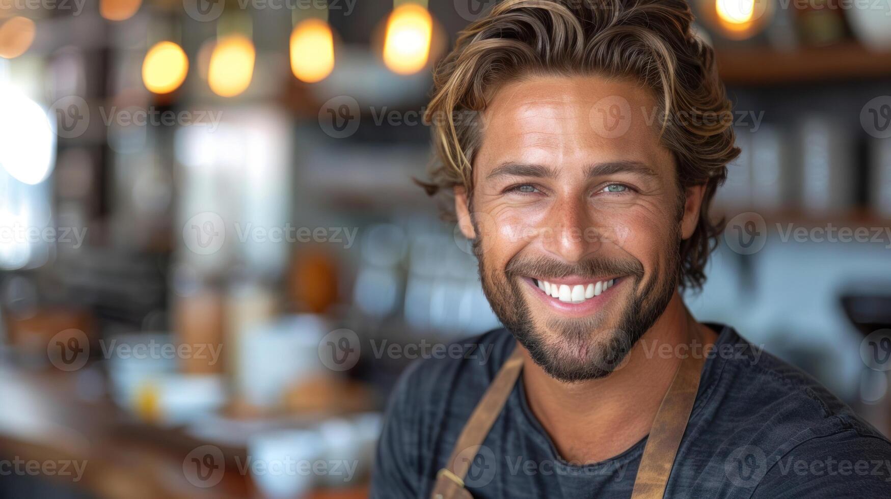A man with a beard and apron smiles warmly photo
