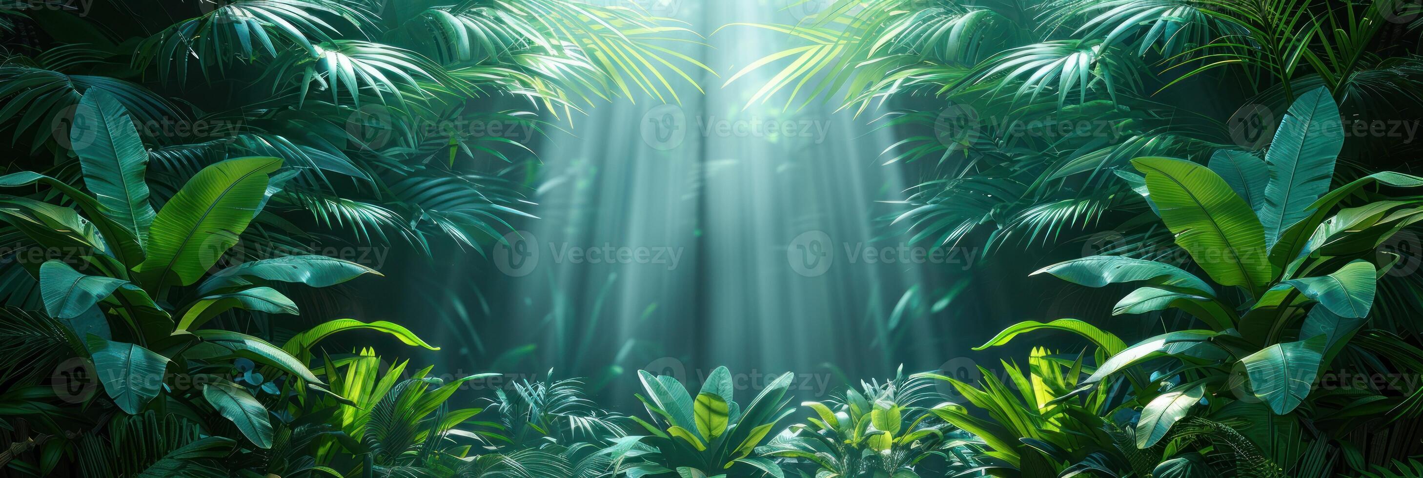 Light filters through lush jungle foliage, creating dynamic shadows photo