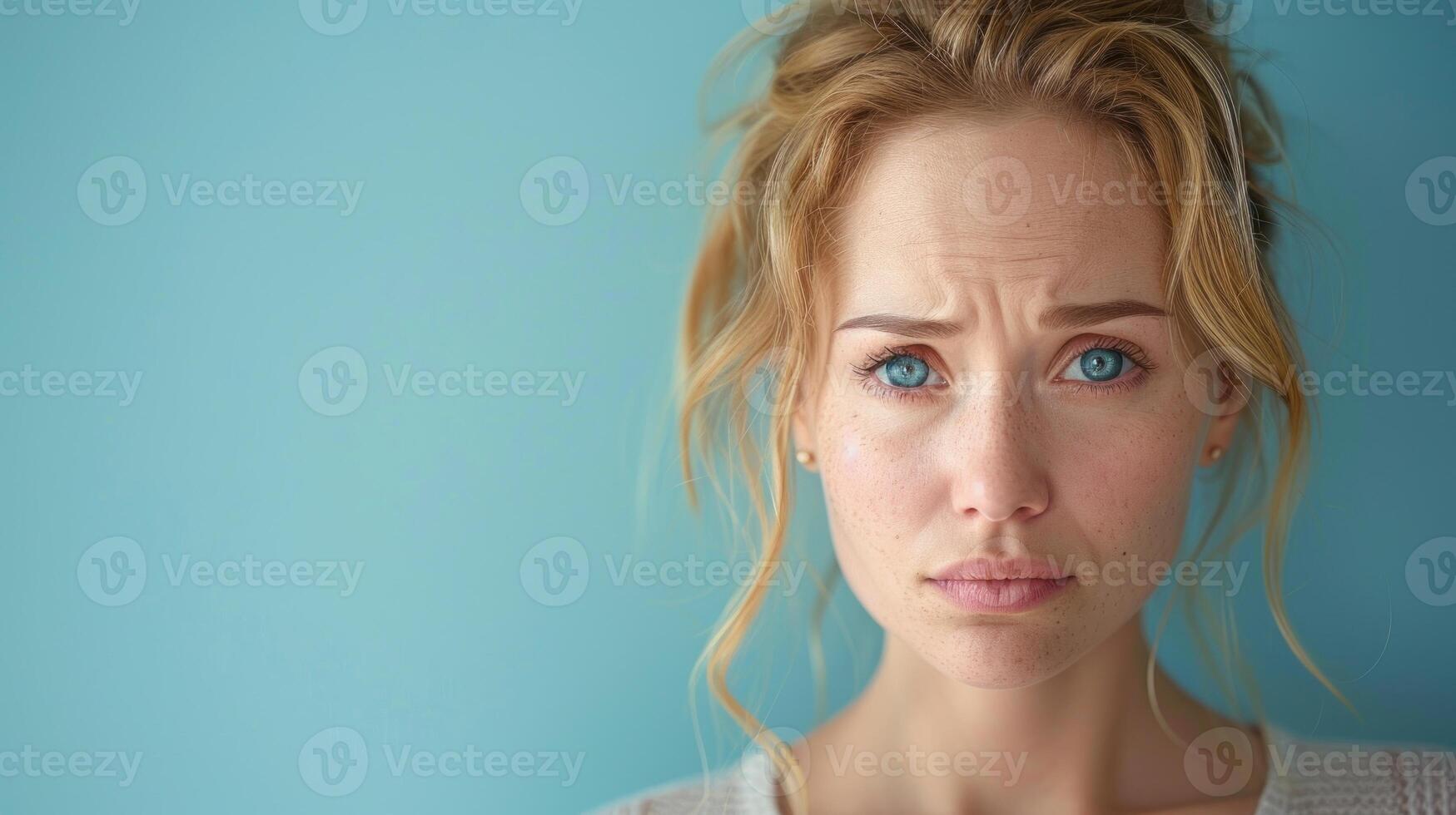 Detailed view of a womans face with striking blue eyes photo