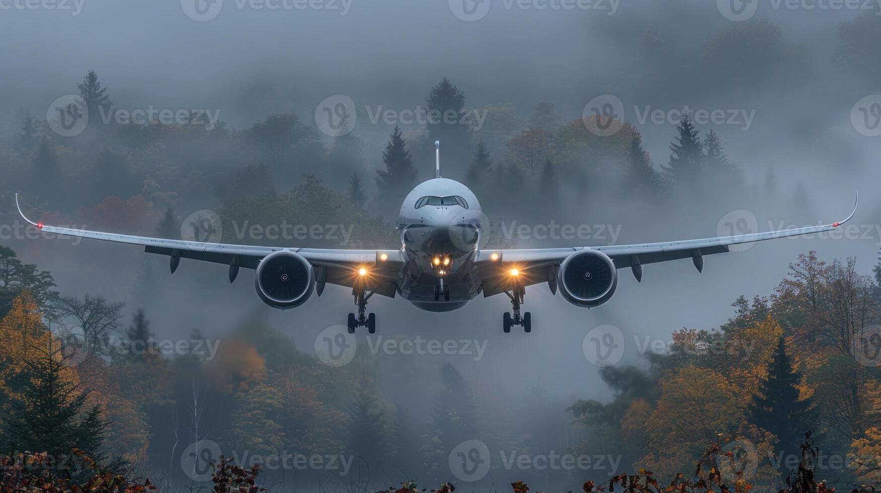 A large jetliner flying through a dense foggy forest photo