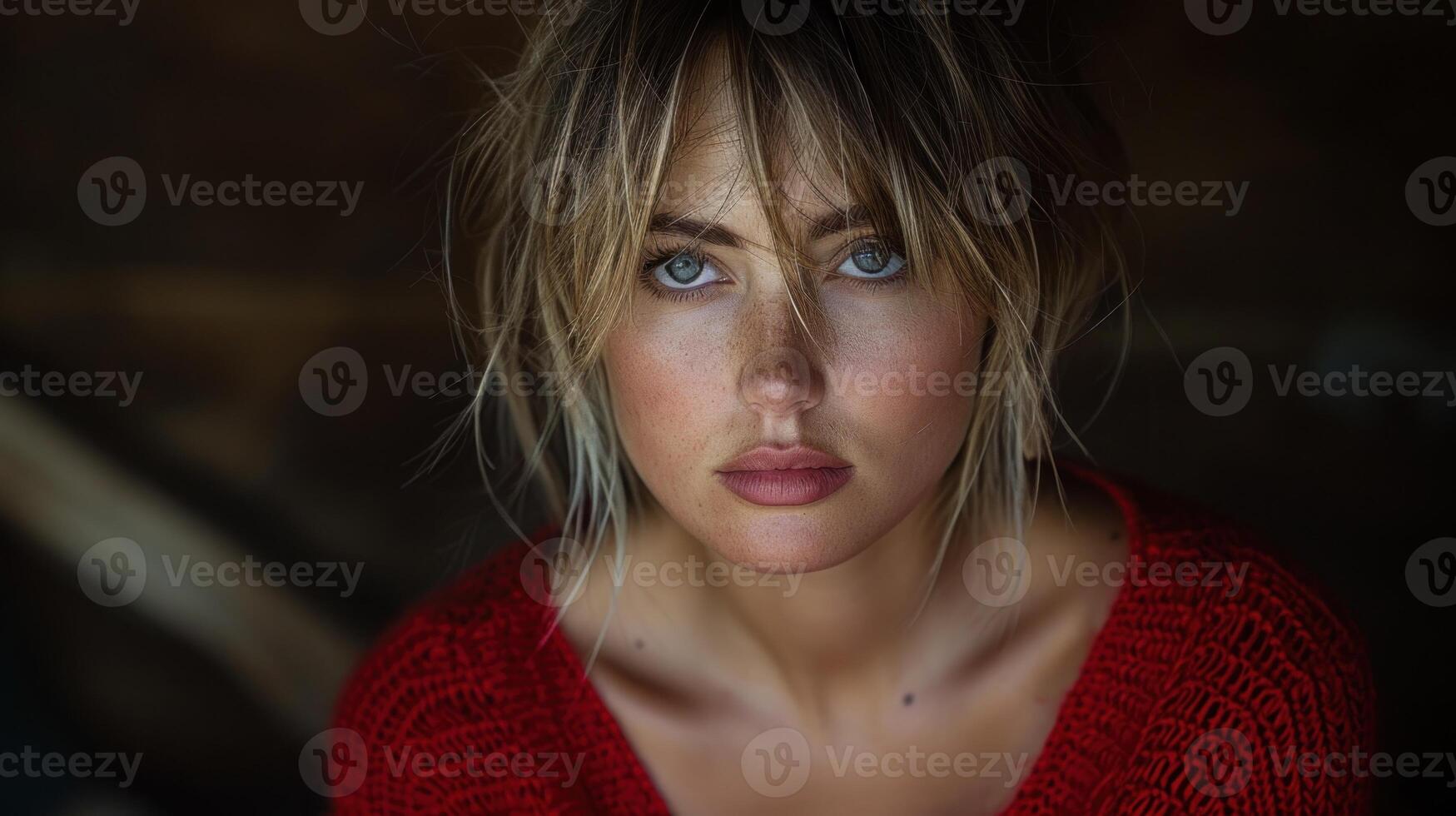 A person up close wearing a red sweater photo