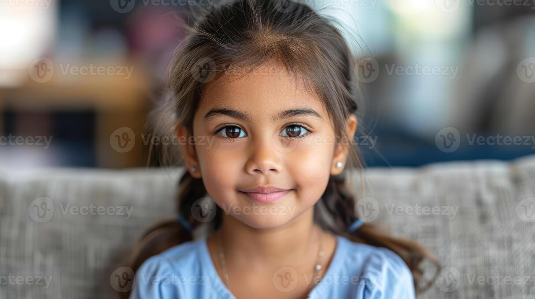 Young child seated on top of a sofa indoors photo