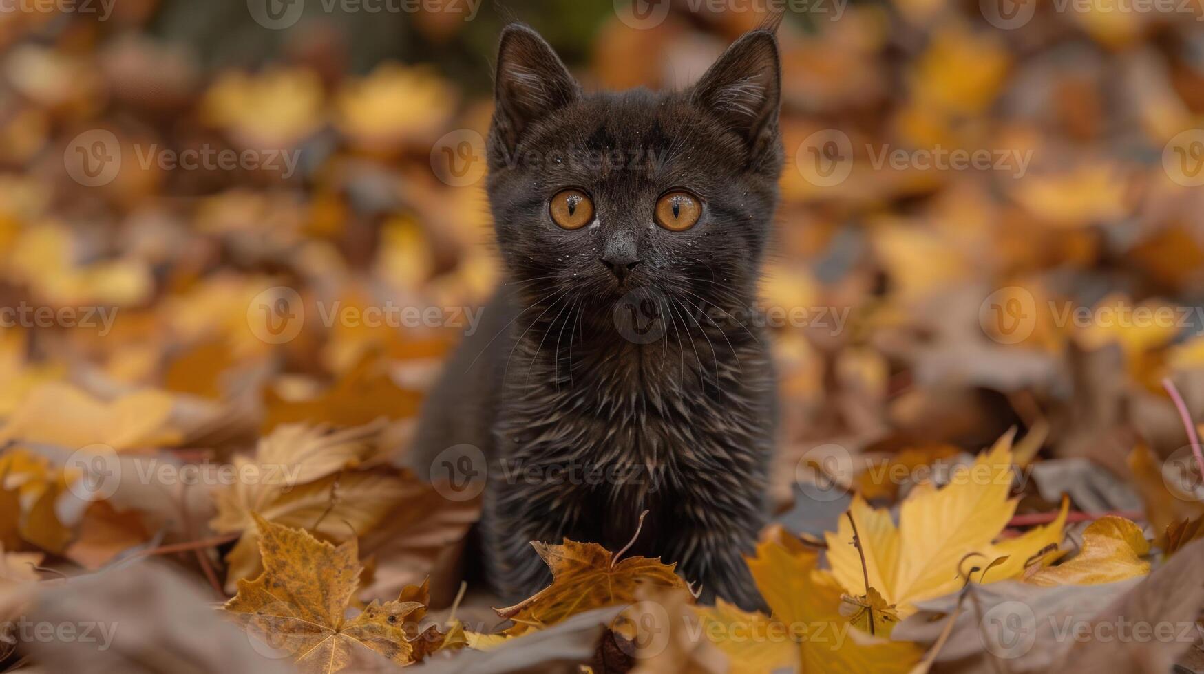 Black cat sitting calmly in a pile of fallen autumn leaves photo