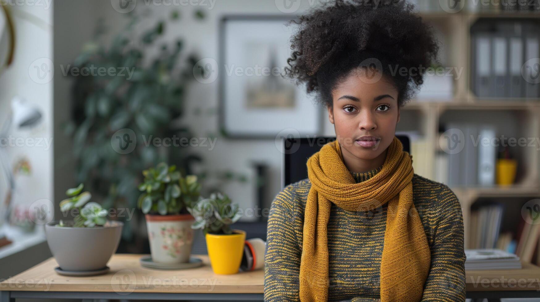 Woman at desk wearing yellow scarf photo